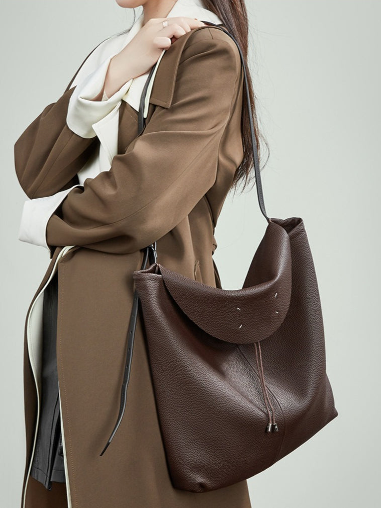 Women's Genuine Leather Slouch Tote Bag with Adjustable Strap & Detachable Pouch