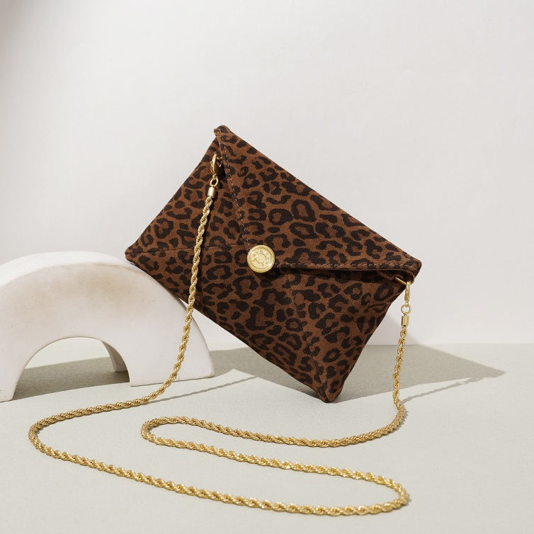 Women's Suede Leather Leopard Envelope Clutch Bag
