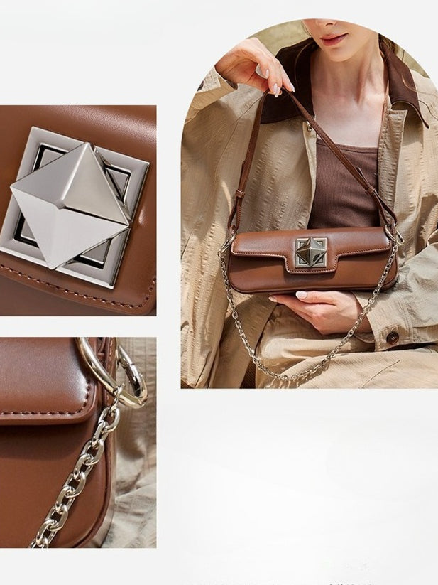 Women's Smooth Cowhide Silver-Buckle Baguette Shoulder Bag