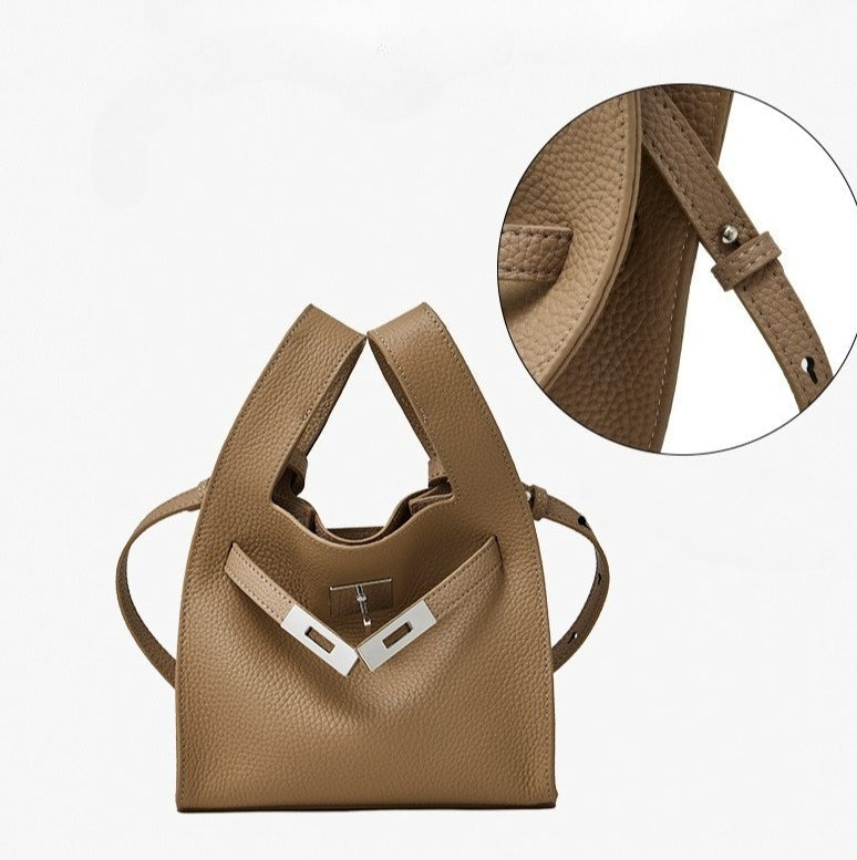 Women's Pebbled Cowhide Twist-Lock Bucket Bag with Inner Pouch