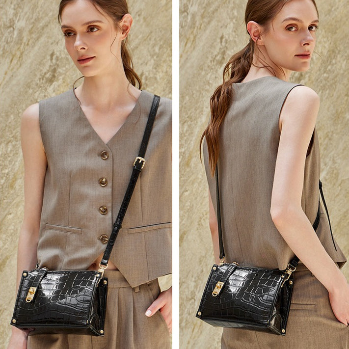 Women's Glossy Croc-Embossed Cowhide Structured Satchel