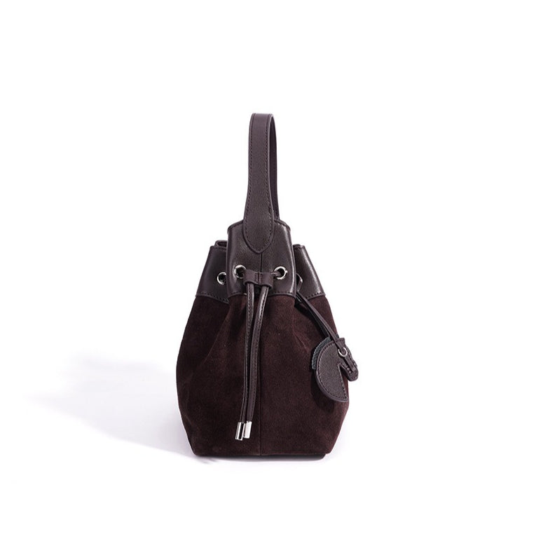 Women's Suede Leather Drawstring Bucket Bag with Horse Charm
