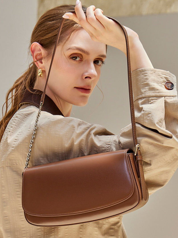Women's Soft Cowhide Baguette Saddle Bag with Chain Strap