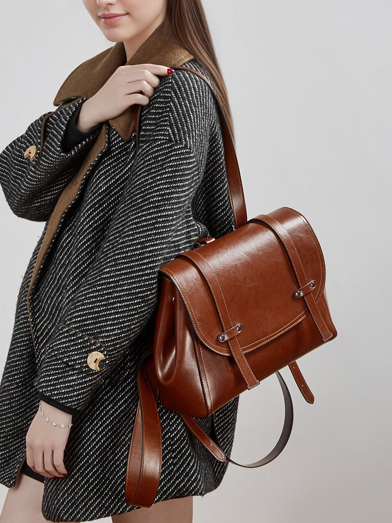 Women's Oil-Waxed Cowhide Convertible Flap Backpack