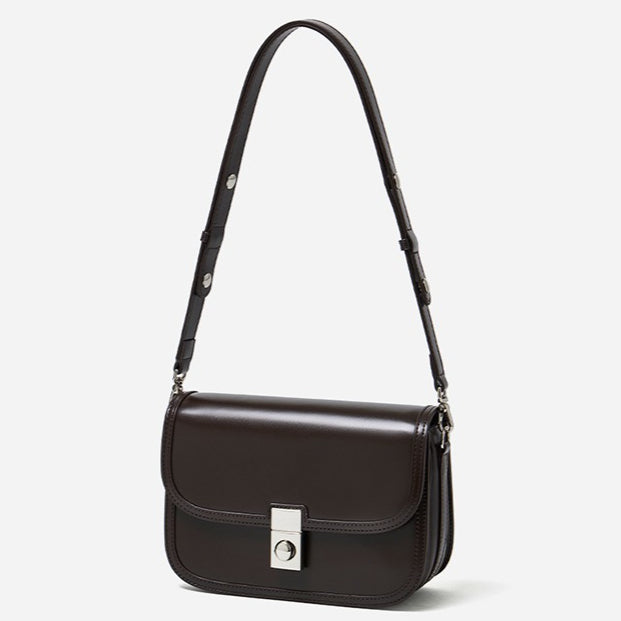 Women's Plain Cowhide Curved Satchel with Twist-Lock Closure
