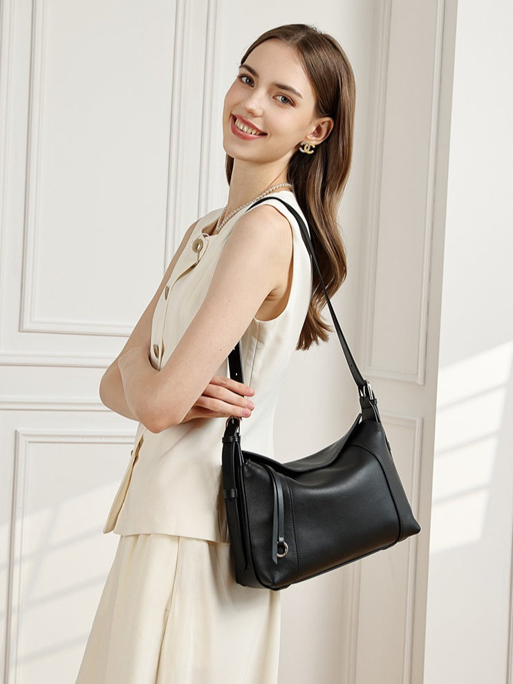 Women's Milled Cowhide Geometric Shoulder Bag with Ring Detail