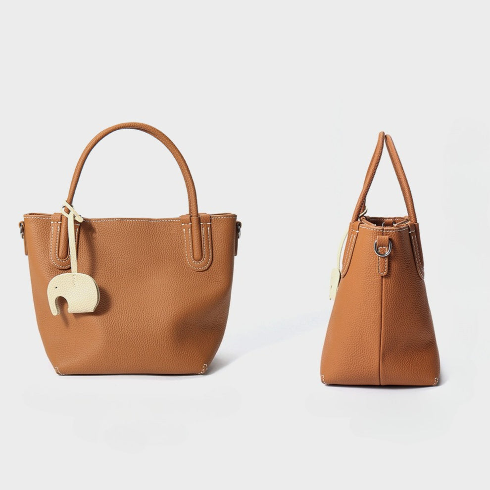 Women's Pebbled Cowhide Elephant Charm Mini Bucket Bag