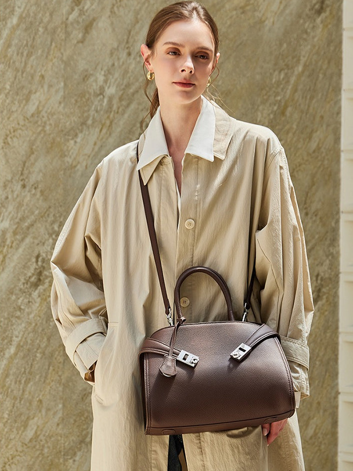 Women's Lychee-Grain Cowhide Double-Buckle Convertible Tote