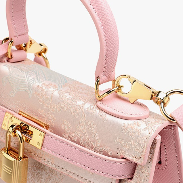 Women's Brocade Genuine Leather Kelly Bag with Padlock Charm