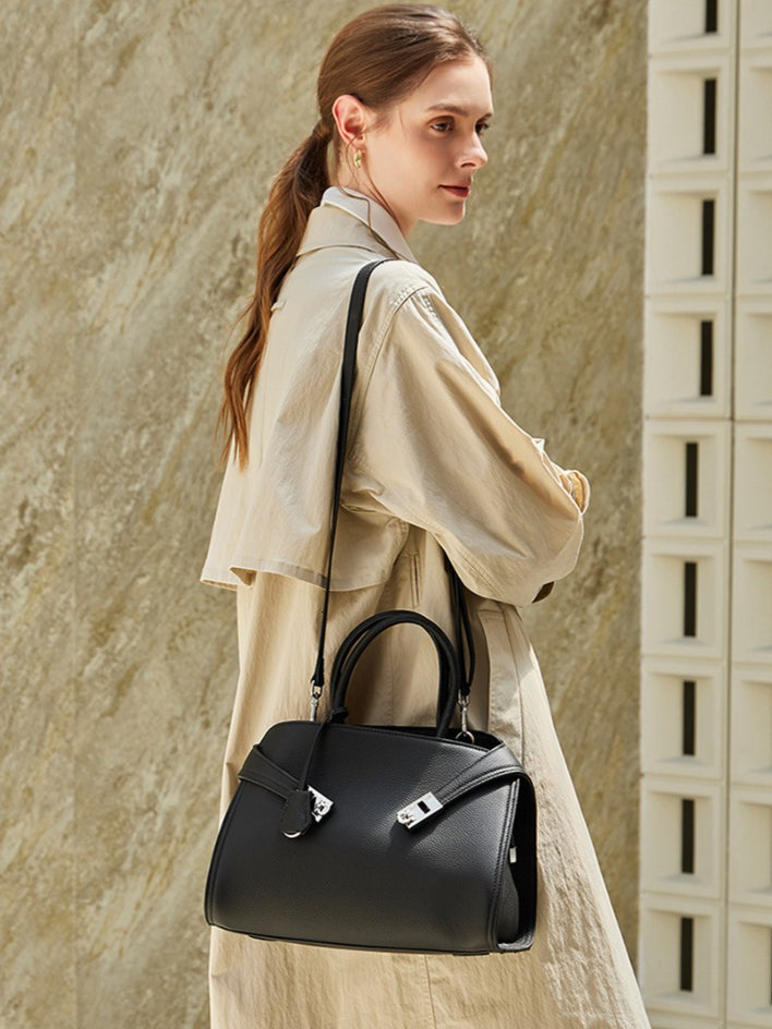 Women's Lychee-Grain Cowhide Double-Buckle Convertible Tote