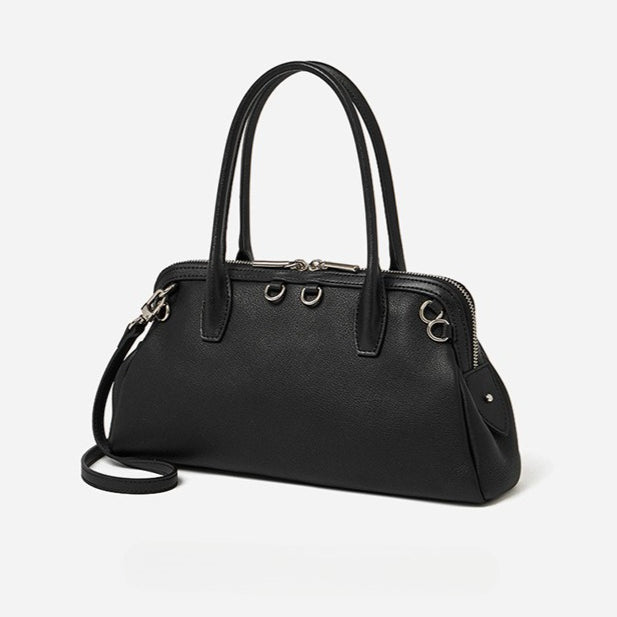 Women's Plain Cowhide Seashell Boston Bag with Double Zipper