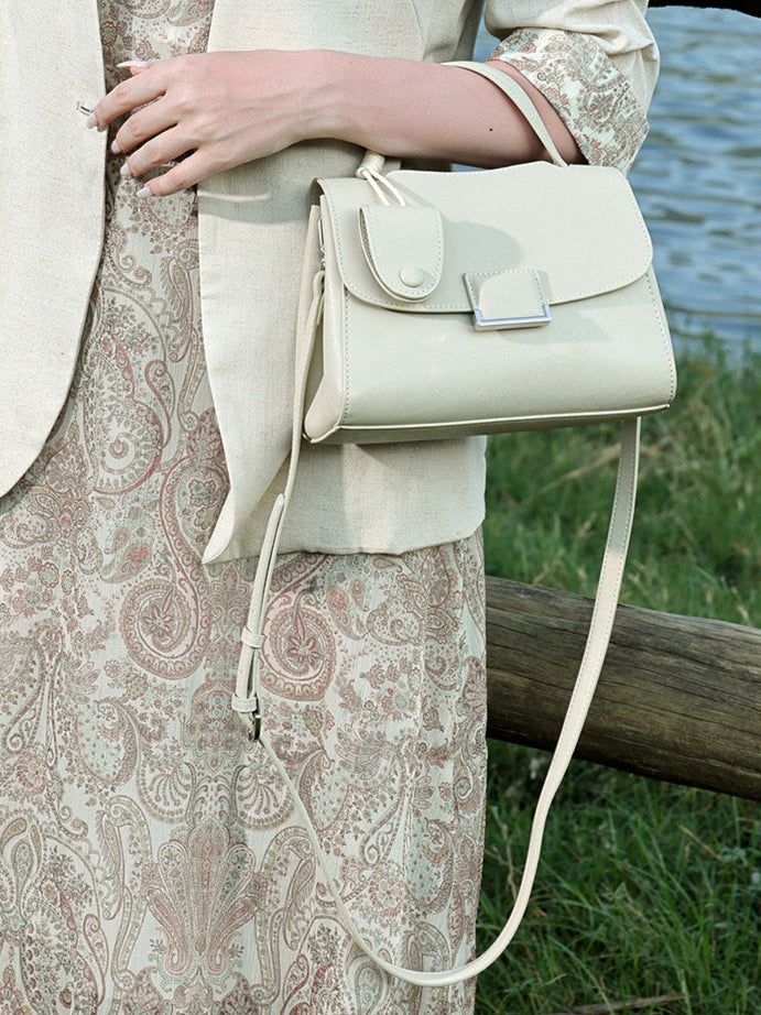 Women's Genuine Leather Square Flap Bag with Magnetic Closure