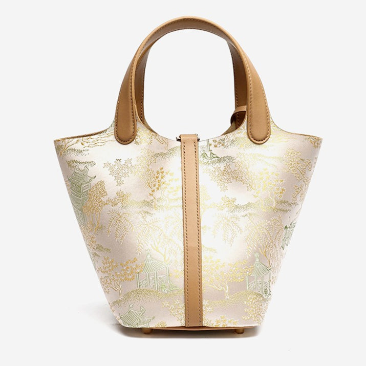 Women's Oriental Garden Genuine Leather Bucket Bag with Charm