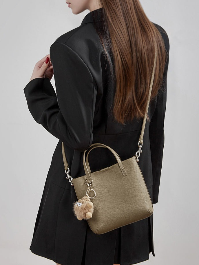 Women's Pebbled Cowhide Bucket Bag with Detachable Inner Pouch