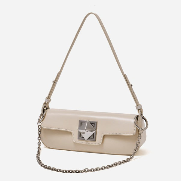 Women's Smooth Cowhide Silver-Buckle Baguette Shoulder Bag