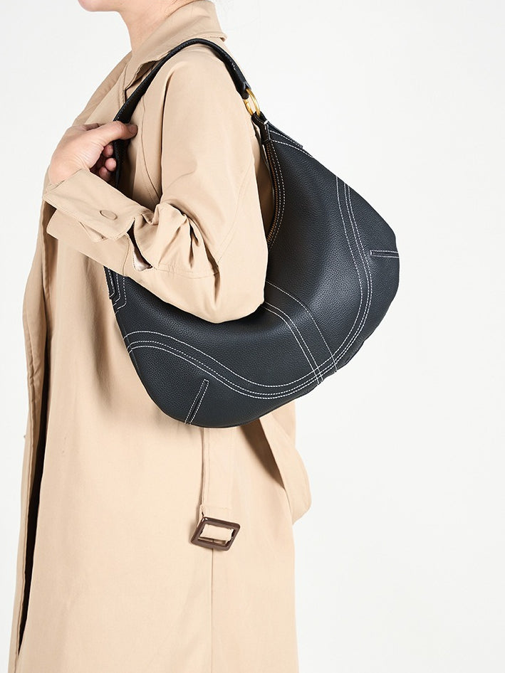 Women's Pebbled Cowhide Curved Hobo Bag with Contrast Stitching