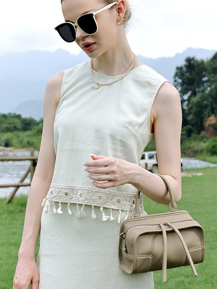 Women's Pebbled Cowhide Boston Bag with Detachable Straps