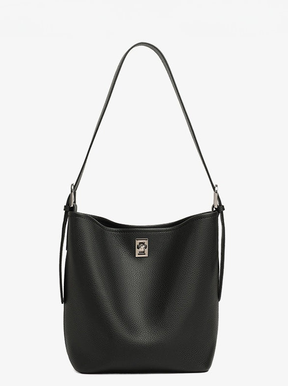 Women's Full-Grain Cowhide Sculpted Bucket Bag with Turn-Lock