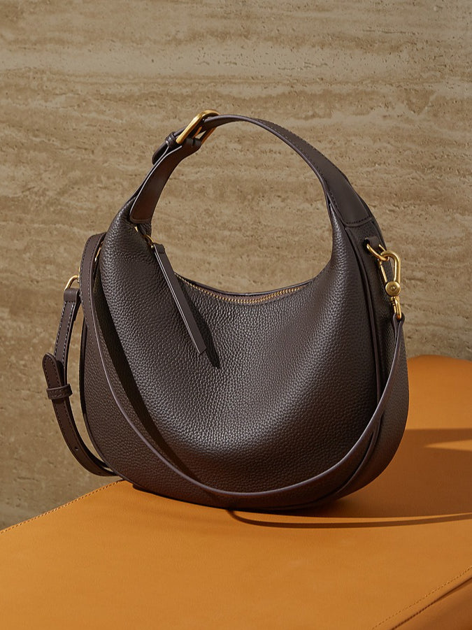 Women's Pebbled Cowhide Half-Moon Hobo Bag with Adjustable Strap