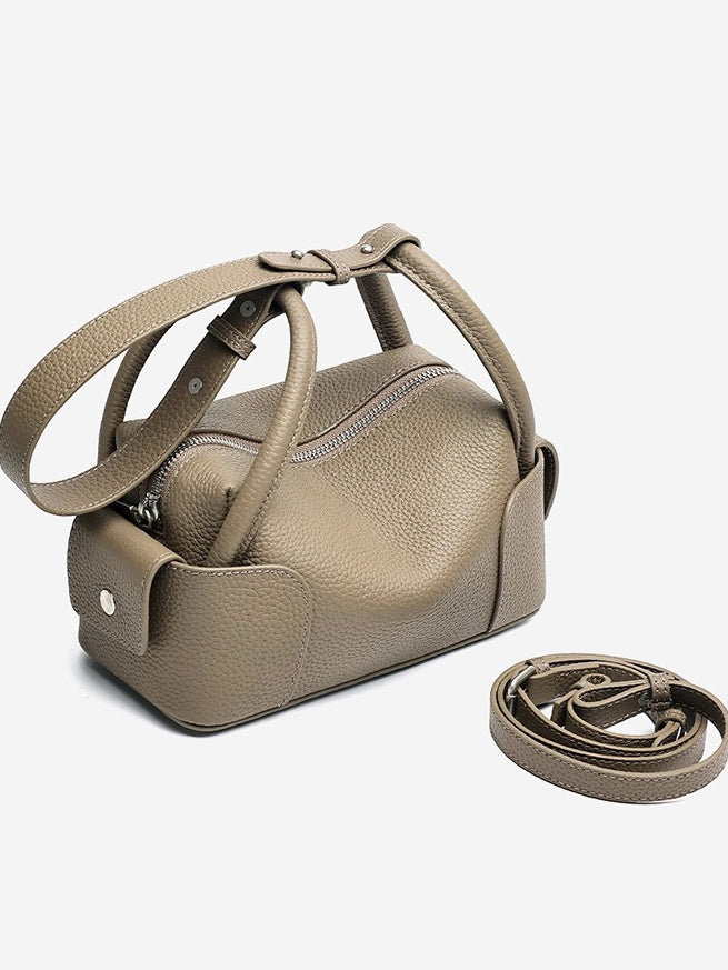 Women's Pebbled Cowhide Mini Boston Bag with Adjustable Strap
