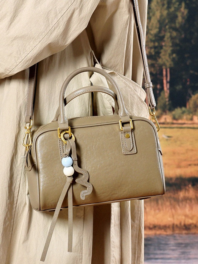 Women's Genuine Leather Boston Bag with Wavy Charm