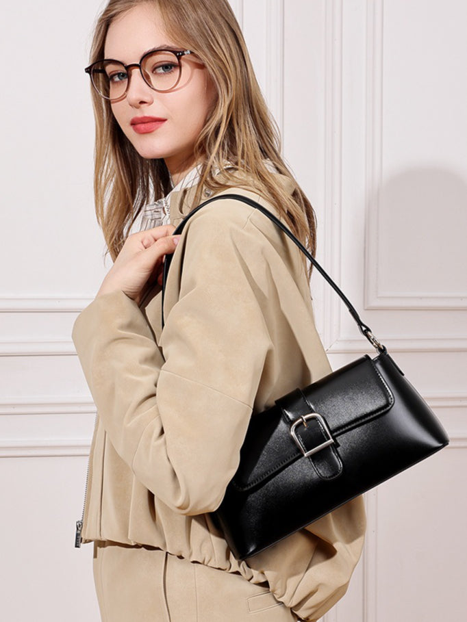 Women's Genuine Leather Vintage Baguette Shoulder Bag with Buckle