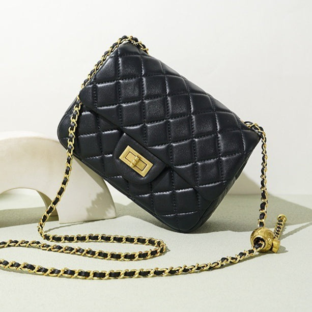 Women's Quilted Sheepskin Flap Bag with Golden Ball Chain