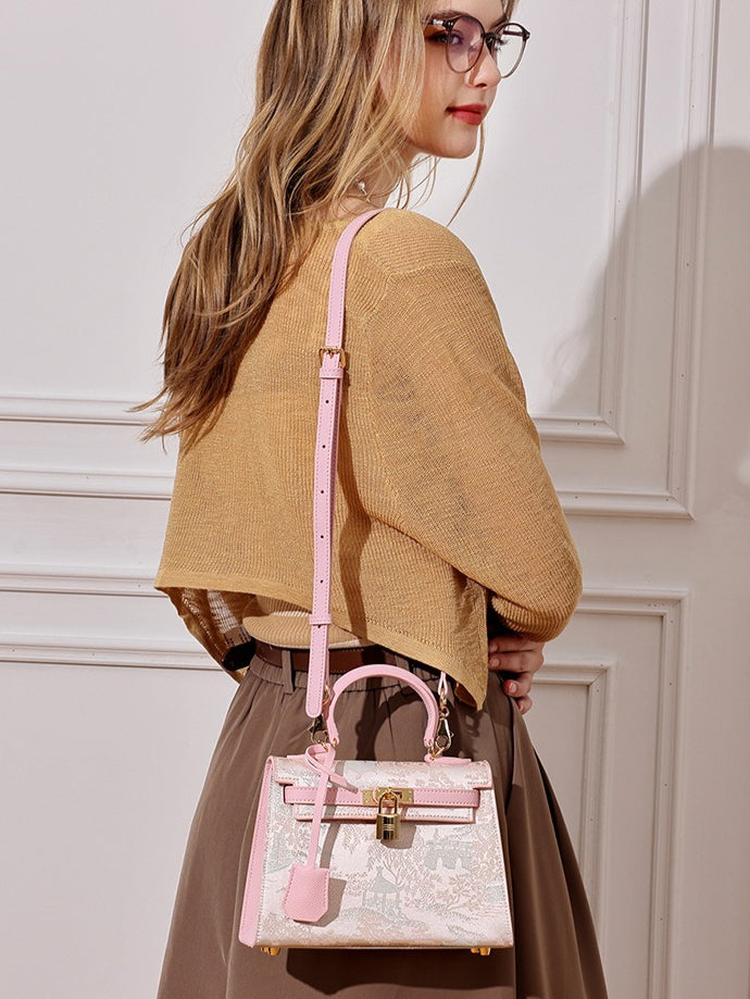 Women's Brocade Genuine Leather Kelly Bag with Padlock Charm