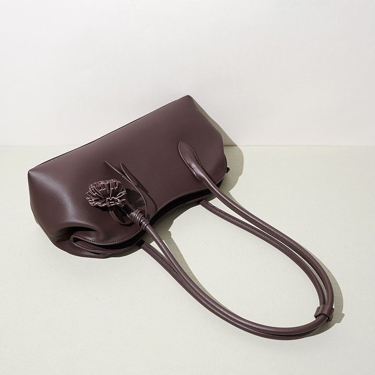 Women's Genuine Leather Curved Shoulder Clutch with Tassel Charm