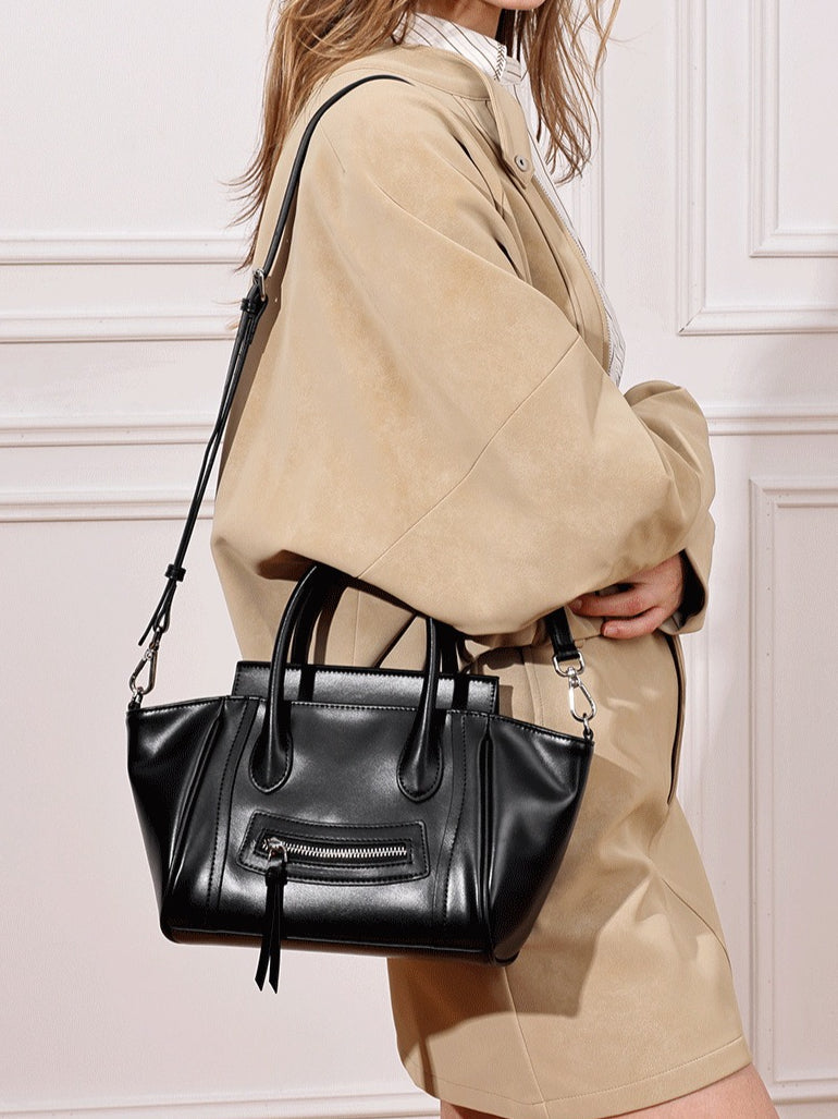 Women's Soft Cowhide Winged Flap Satchel with Adjustable Strap