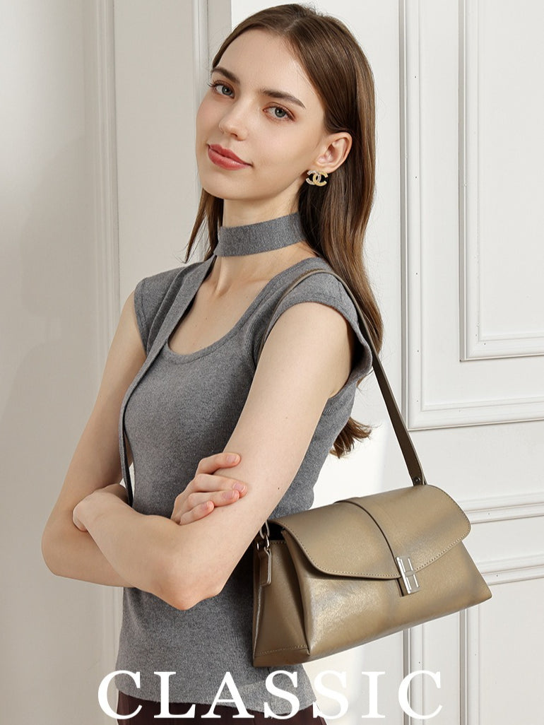 Women's Full-Grain Cowhide H-Buckle Flap Shoulder Bag