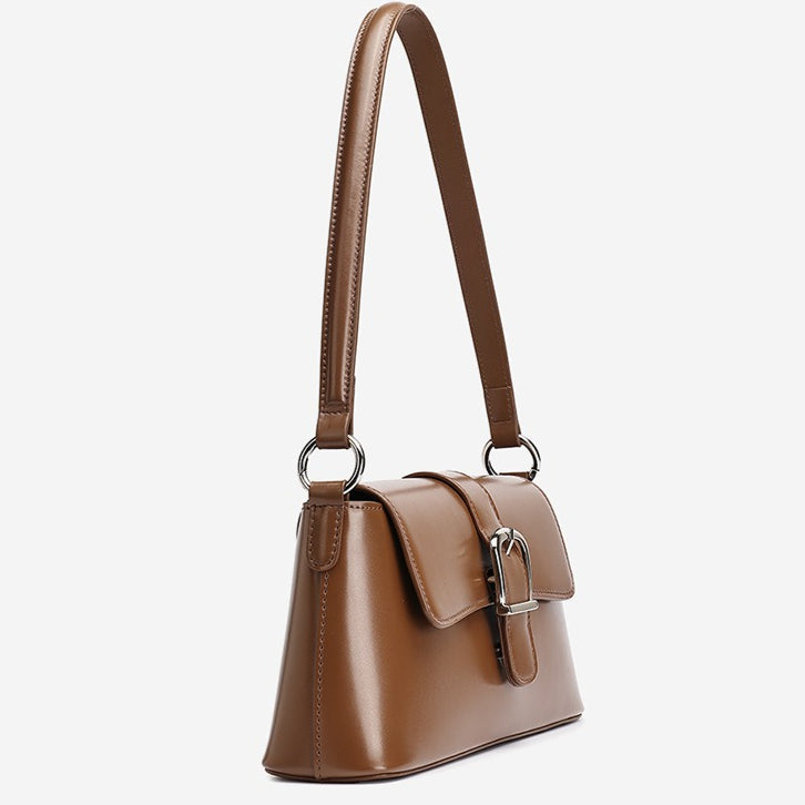 Women's Genuine Leather Vintage Baguette Shoulder Bag with Buckle