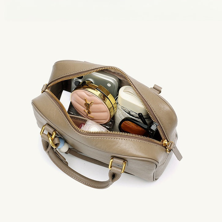 Women's Genuine Leather Boston Bag with Wavy Charm