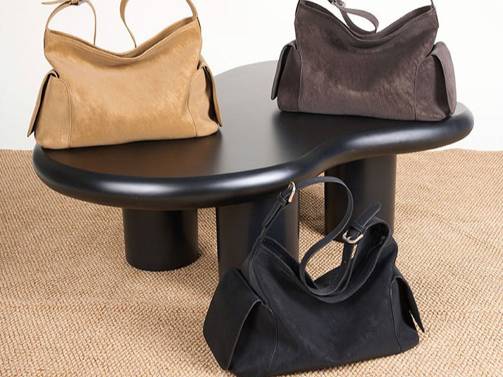 Women's Full-Grain Cowhide Slouchy Shoulder Bag with Side Pockets
