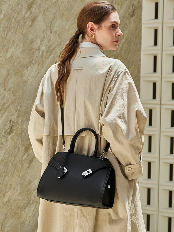 Women's Lychee-Grain Cowhide Double-Buckle Convertible Tote