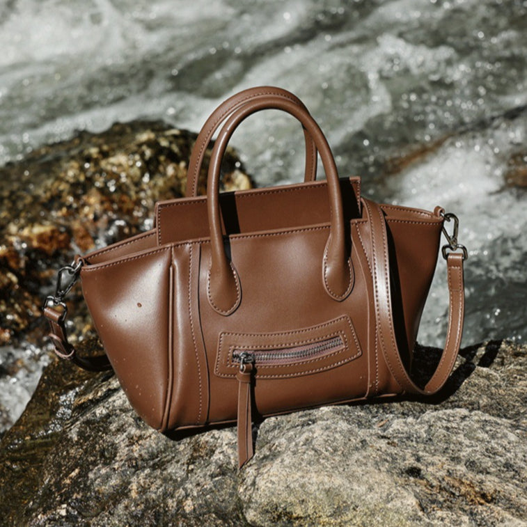 Women's Soft Cowhide Winged Flap Satchel with Adjustable Strap