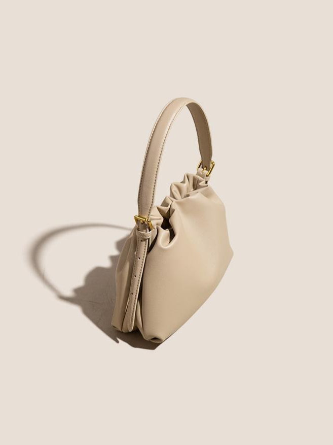 Women's Genuine Leather Ruched Cloud Clutch Bag with Detachable Strap