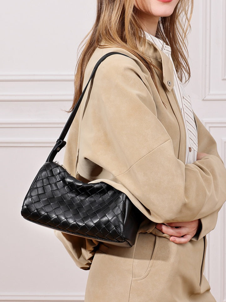 Women's Woven Sheepskin Baguette Bag with Adjustable Strap