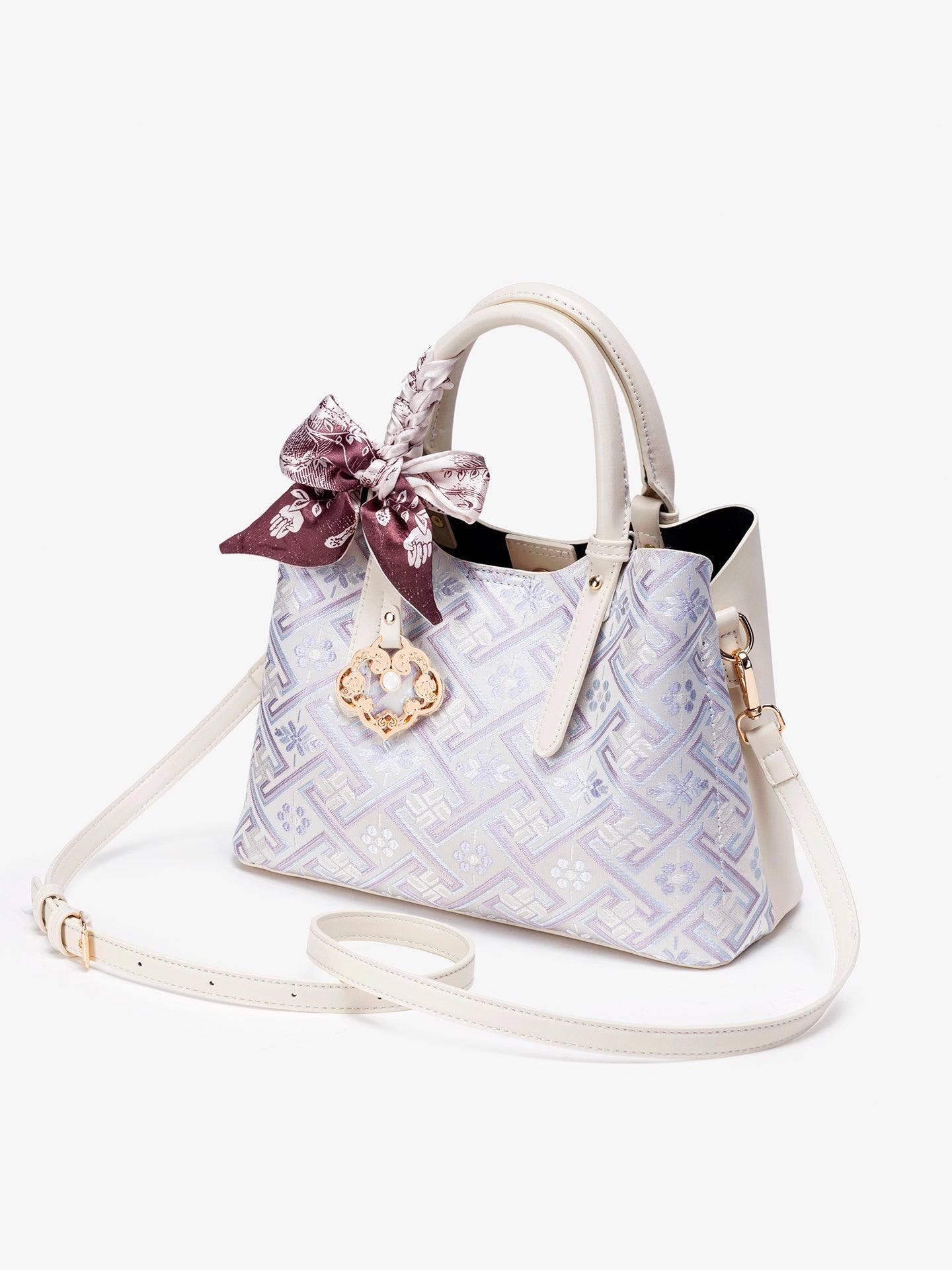 Women's Lavender Brocade Pattern Mini Tote with Scarf Bow