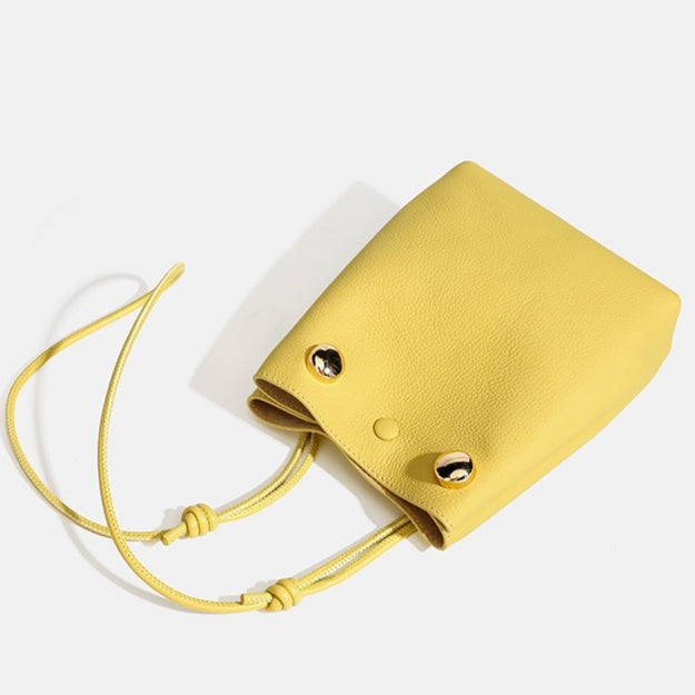 Women's Pebbled Cowhide Drawstring Phone Bag with Gold Accents