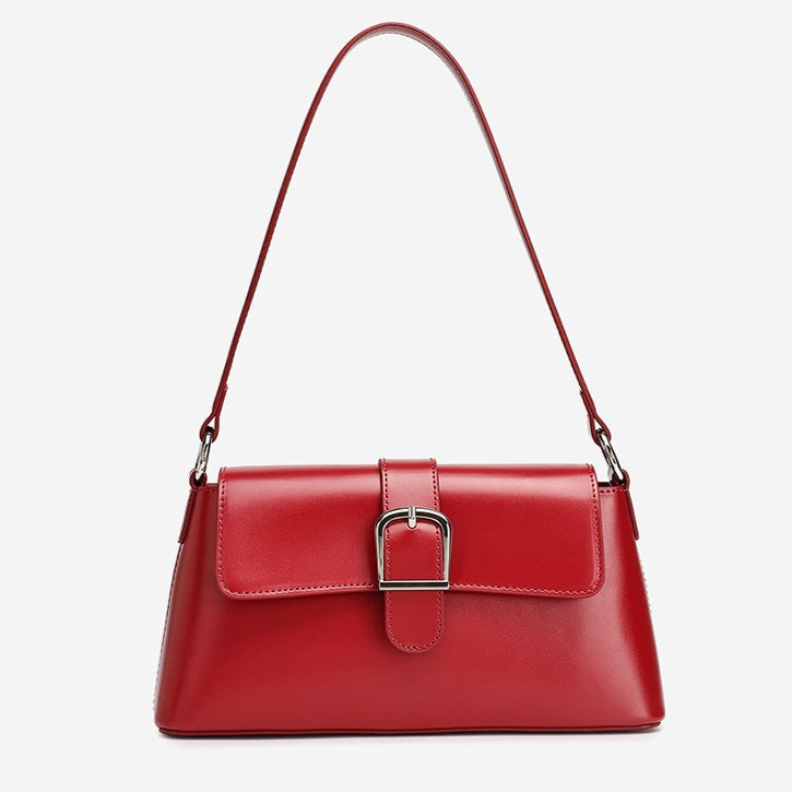 Women's Genuine Leather Vintage Baguette Shoulder Bag with Buckle