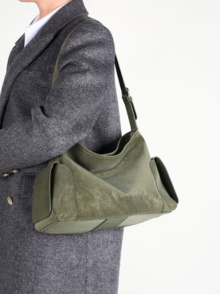 Women's Full-Grain Cowhide Slouchy Shoulder Bag with Side Pockets