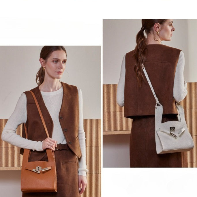 Women's Pebbled Cowhide Twist-Lock Bucket Bag with Inner Pouch