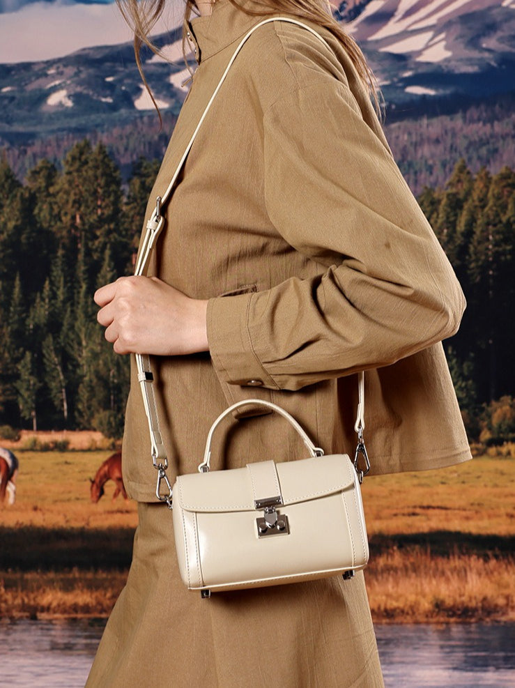 Women's Genuine Leather Cylinder Box Bag with Push Lock