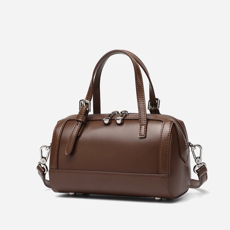 Women's Cowhide Retro Boston Barrel Bag with Adjustable Strap