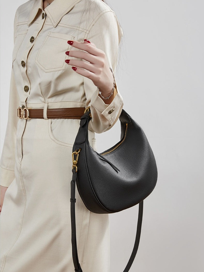 Women's Pebbled Cowhide Half-Moon Hobo Bag with Adjustable Strap