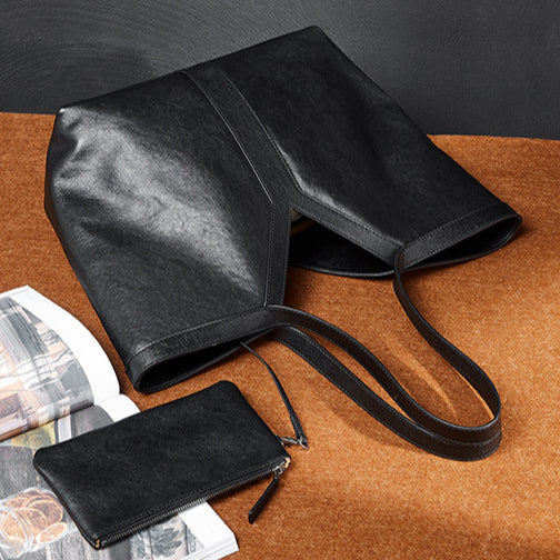 Women's Genuine Leather Open Top Vertical Tote Bag