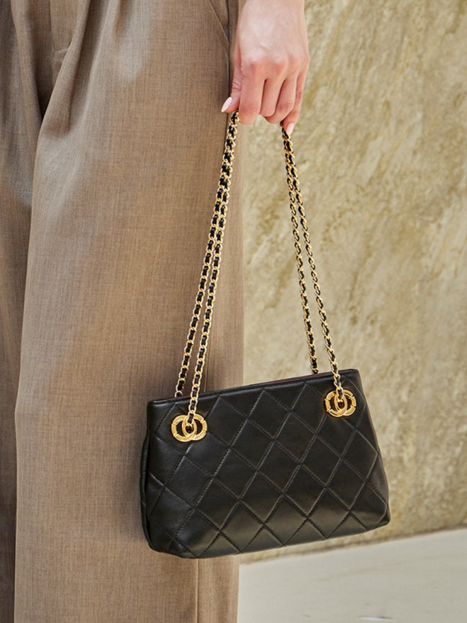 Women's Quilted Sheepskin Chain Mini Tote Bag