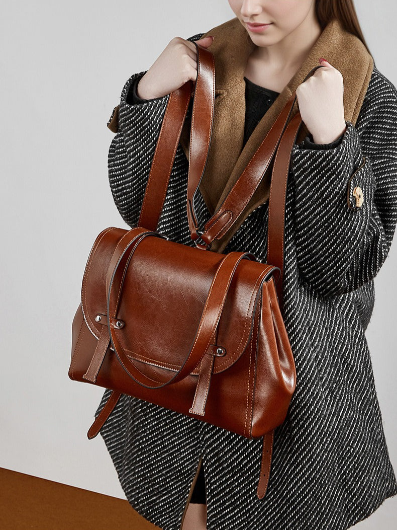 Women's Oil-Waxed Cowhide Convertible Flap Backpack