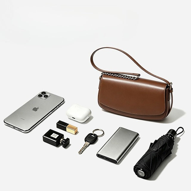 Women's Soft Cowhide Baguette Saddle Bag with Chain Strap